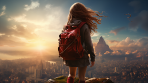 surion be a girl kid as superhero with a backpack looking over 1b3489a4 7923 4cb4 b54f 5d2017060cc8 - aKadeemi